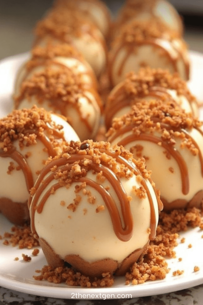 White chocolate coated no-bake Biscoff cheesecake balls drizzled with caramel sauce and sprinkled with cookie crumbs arranged on parchment paper.