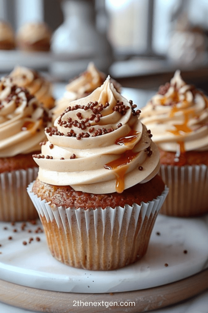Pumpkin caramel latte cupcakes topped with cinnamon buttercream frosting and salted caramel drizzle decorated with chocolate pearls on white cupcake liners.