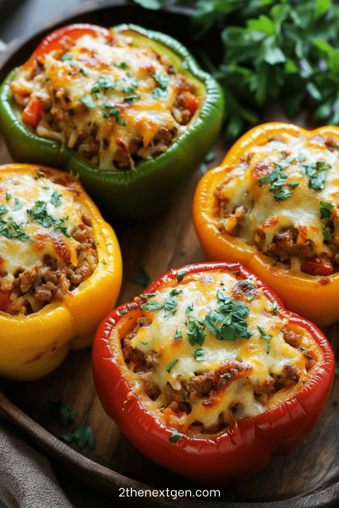 Stuffed bell peppers filled with ground beef and rice mixture topped with melted cheese and parsley garnish in a baking dish.
