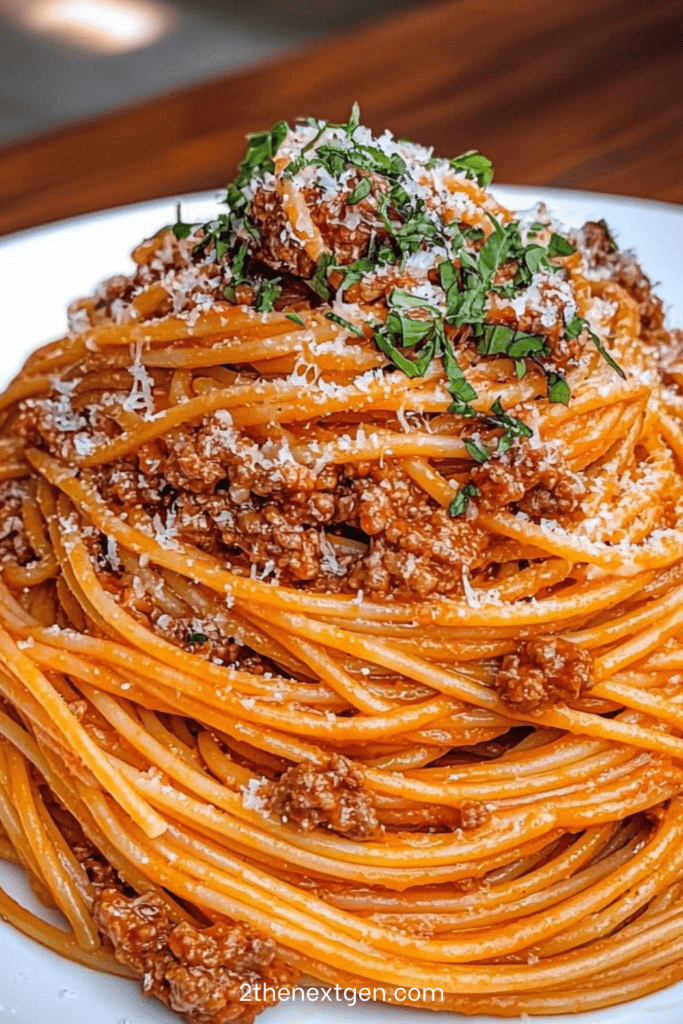 Classic spaghetti bolognese with rich meat sauce, grated Parmesan cheese and fresh parsley served in a white bowl with pasta strands visible.