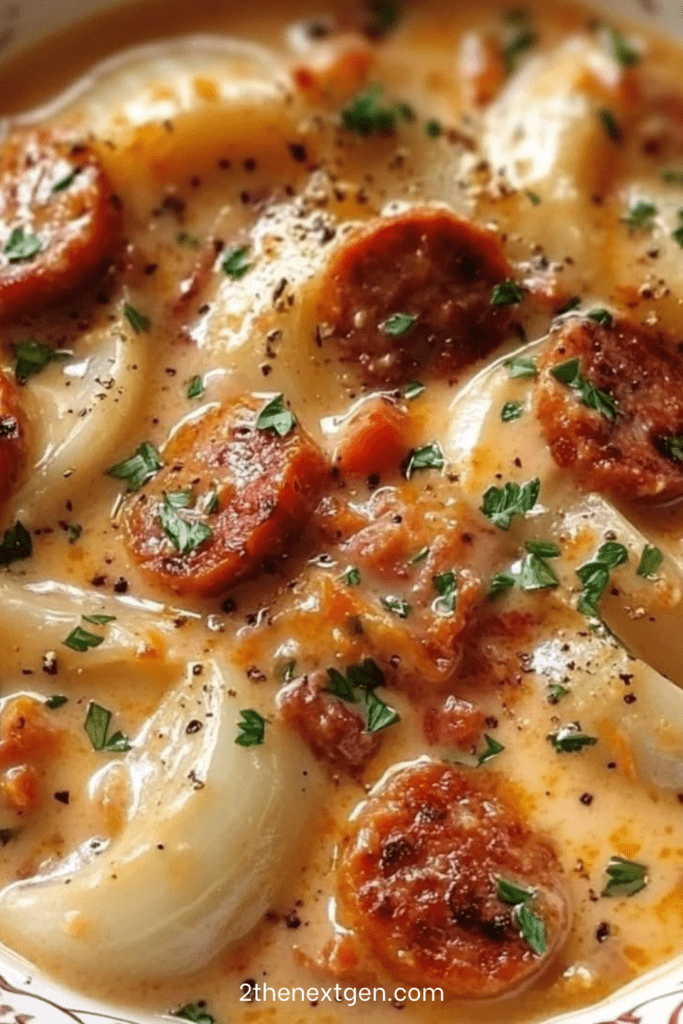 Crockpot pierogi casserole with sliced kielbasa sausage, melted cheddar cheese, creamy mushroom sauce, and fresh parsley garnish in a slow cooker.