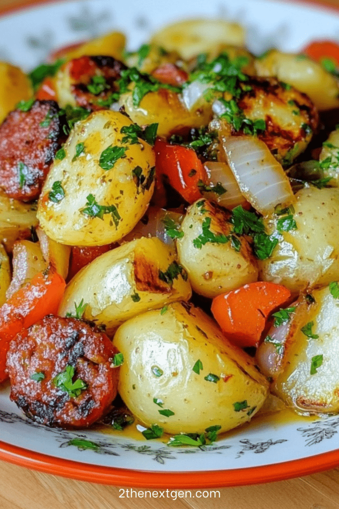 Sausage and potato skillet with golden potatoes, smoked sausage slices, bell peppers, onions, and fresh parsley served in a cast iron pan.