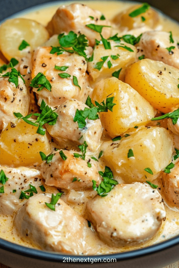 Creamy garlic parmesan chicken and potatoes stew with tender chicken pieces, baby potatoes, rich cream sauce, parmesan cheese, and fresh parsley garnish.