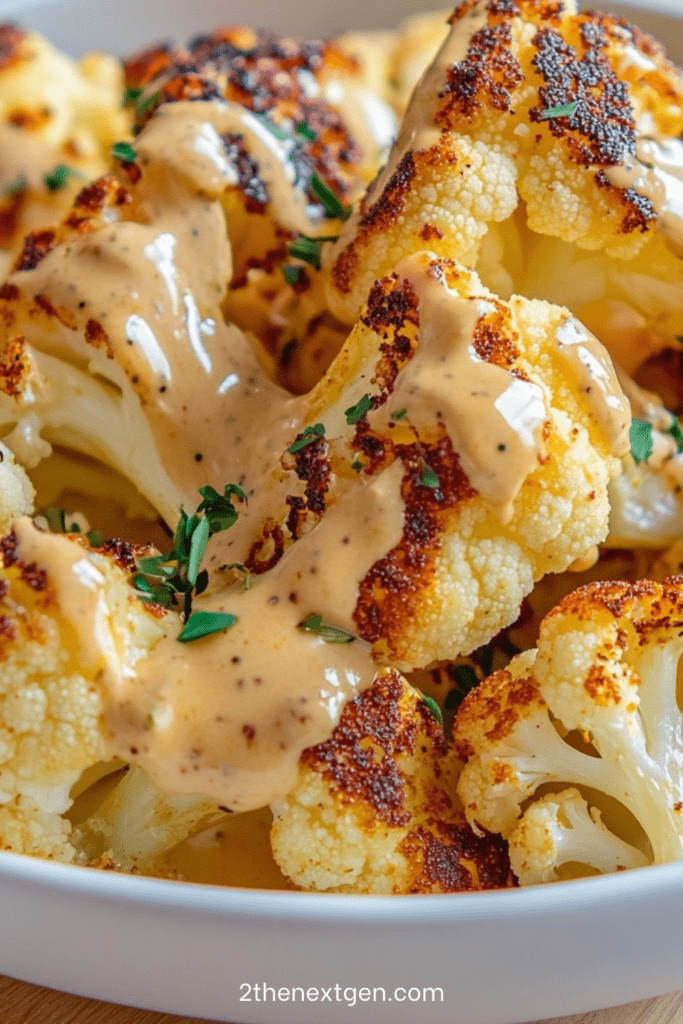 Golden roasted cauliflower florets on a baking tray drizzled with creamy tahini sauce, garnished with fresh parsley and black pepper.