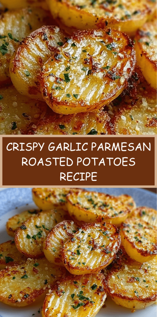 Golden crispy garlic roasted baby potatoes coated with garlic, olive oil and parmesan cheese, served hot on a baking sheet with fresh parsley garnish.