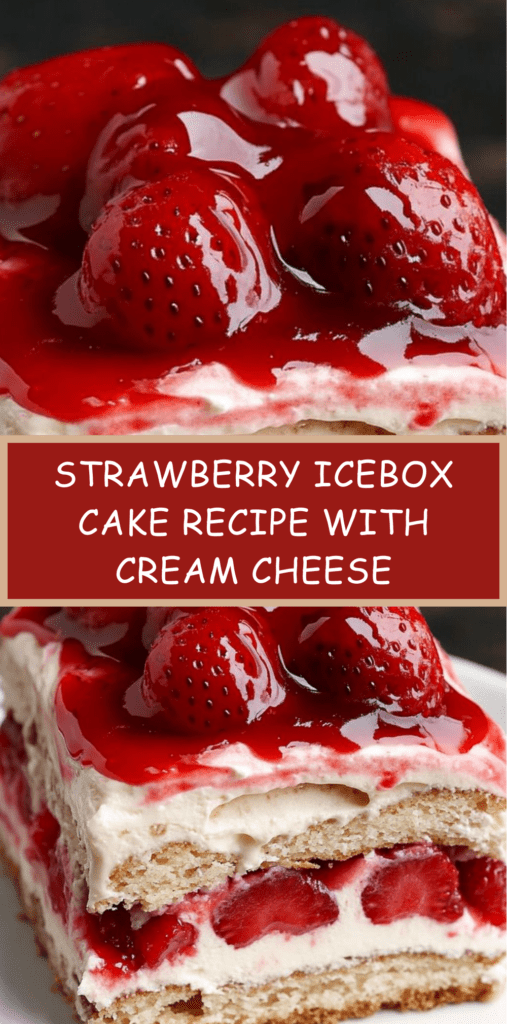 A chilled strawberry icebox cake layered with graham crackers, cream cheese whipped cream and fresh sliced strawberries in a glass baking dish.