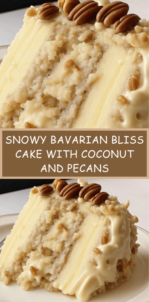 A chilled Snowy Bavarian Bliss Cake topped with creamy custard, shredded coconut and chopped pecans, served in a rectangular baking dish.
