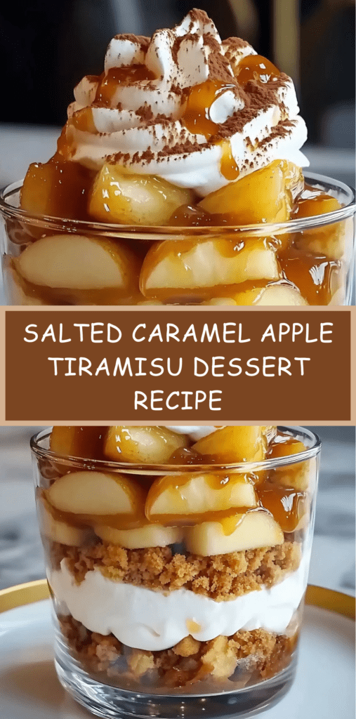 Glass dessert layered with mascarpone cream, caramelized apples, salted caramel sauce and cocoa powder, styled as Salted Caramel and Apple tiramisu
