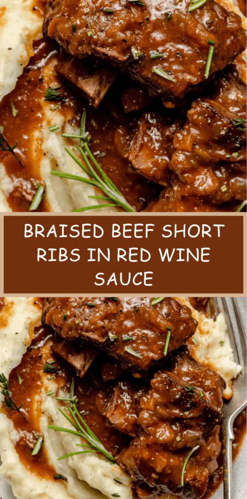 Fork-tender braised beef short ribs simmered in red wine sauce with carrots, onions and herbs, served over creamy mashed potatoes.