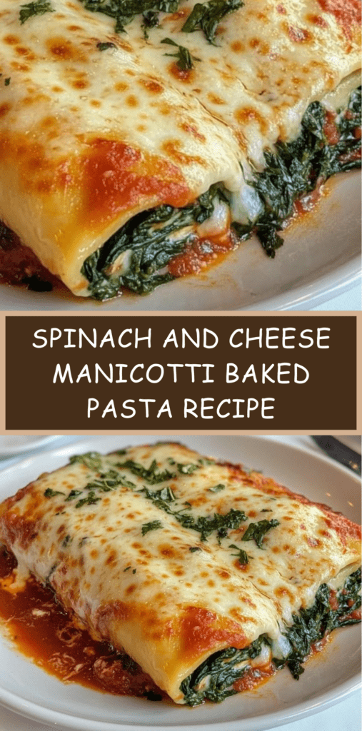 Baked spinach and cheese manicotti shells filled with ricotta and spinach, covered in tomato sauce and melted mozzarella and parmesan cheese.