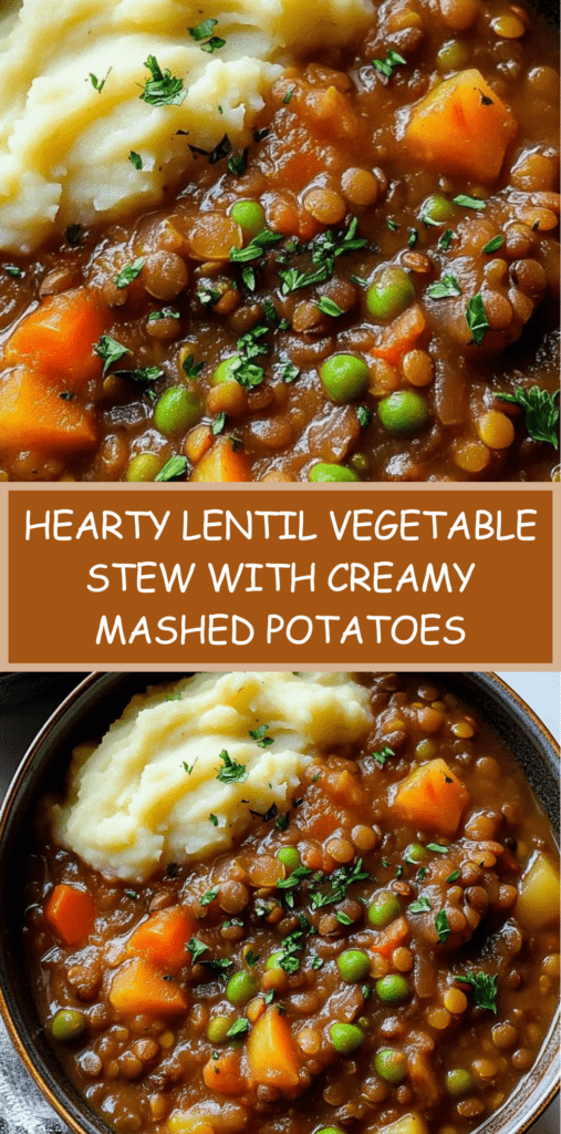 hearty lentil and vegetable stew with carrots and celery served over creamy mashed potatoes, garnished with fresh parsley.