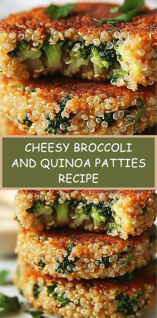 Golden crispy and cheesy broccoli and quinoa patties made with cheese and breadcrumbs, served warm on a plate with dipping sauce.