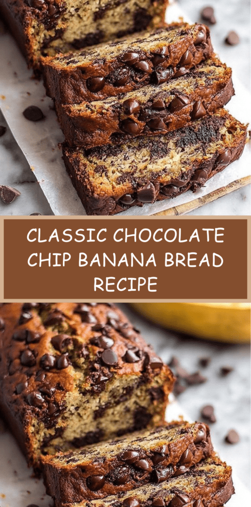 Moist Classic chocolate chip banana bread loaf sliced on a cutting board, showing a soft crumb with melted chocolate chips and ripe banana texture.