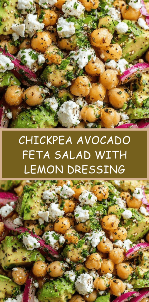 A fresh chickpea avocado feta salad with red onion, parsley and mint tossed in a lemon olive oil dressing and served in a bowl.