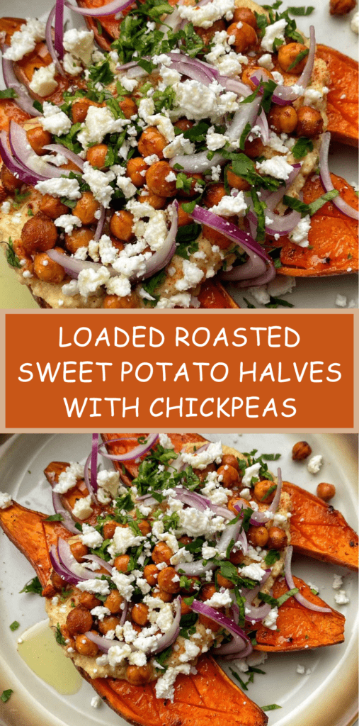 loaded roasted sweet potato halves topped with crispy spiced chickpeas, crumbled feta cheese, red onion and fresh parsley on a baking tray.