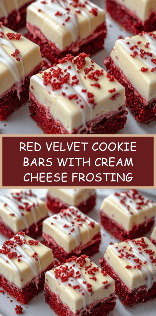 Red velvet cookie bars topped with smooth cream cheese frosting and red sprinkles, sliced into squares and served on parchment paper.