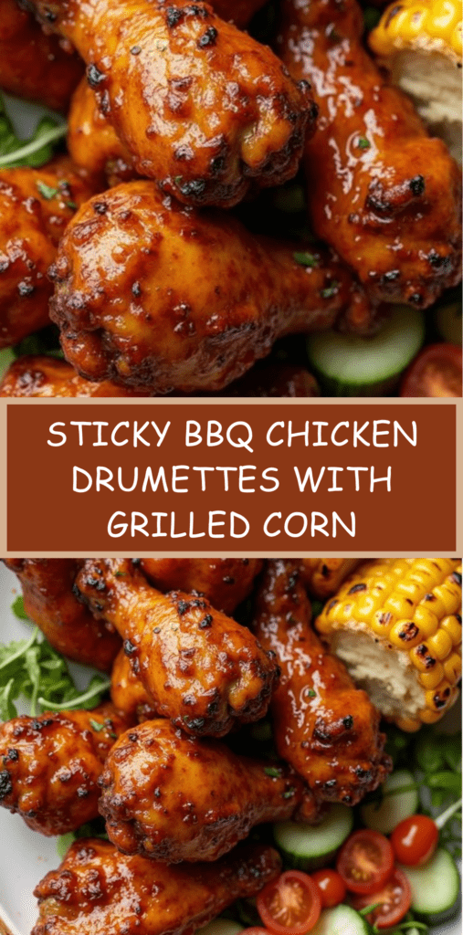 Sticky BBQ chicken drumettes glazed with sauce served with grilled corn cobettes and fresh green salad on a serving platter.