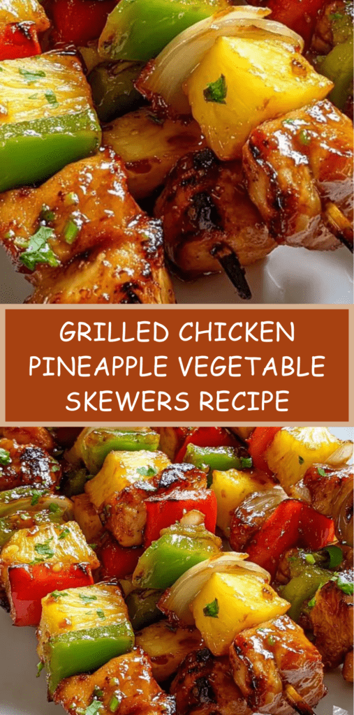 Grilled chicken skewers with pineapple chunks, bell peppers and red onion brushed with BBQ glaze on a hot grill.