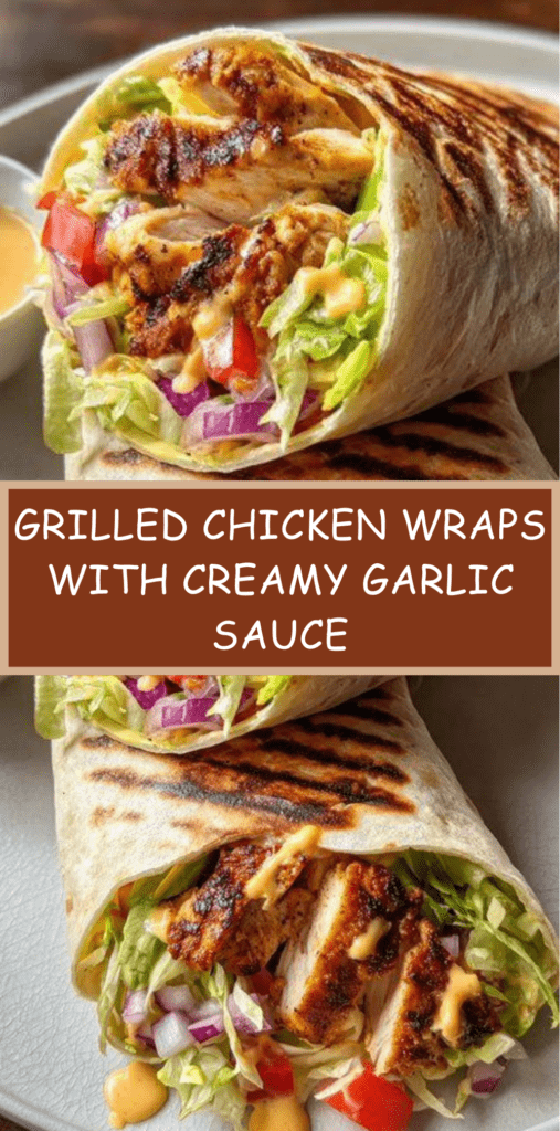 Grilled chicken wraps filled with lettuce, tomatoes, red onion and creamy garlic sauce wrapped in warm flour tortillas on a wooden plate.