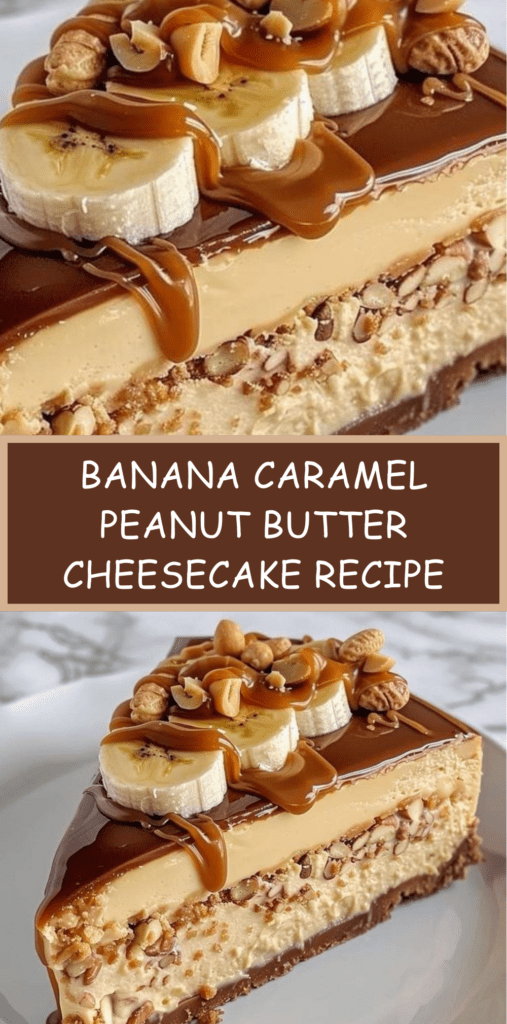 Slice of banana caramel peanut butter cheesecake topped with fresh banana slices, chopped peanuts and caramel drizzle on a white dessert plate.
