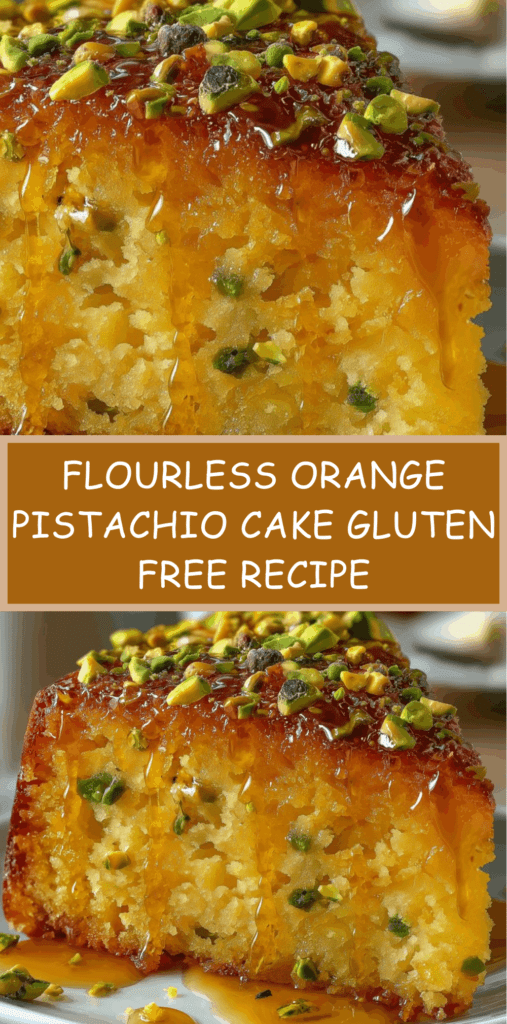 Slice of flourless orange pistachio cake topped with chopped pistachios and glazed with citrus syrup on a white dessert plate.