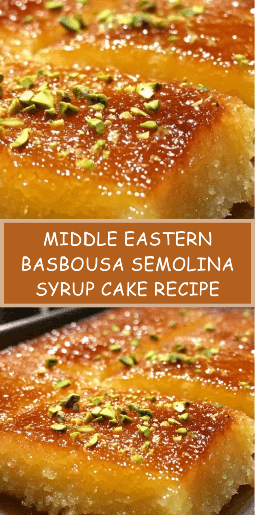Golden Middle Eastern basbousa cake topped with pistachios and almonds, soaked in syrup and sliced into diamond shapes on a serving tray.