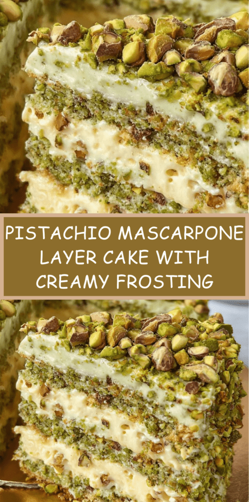 Two-layer pistachio cake filled and frosted with mascarpone cream and topped with chopped pistachios on a white cake stand.