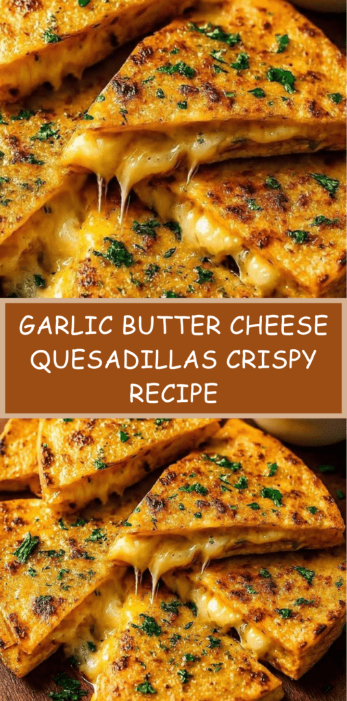Crispy garlic butter cheese quesadillas sliced into wedges, topped with parsley and served with tomato dipping sauce on a wooden board.