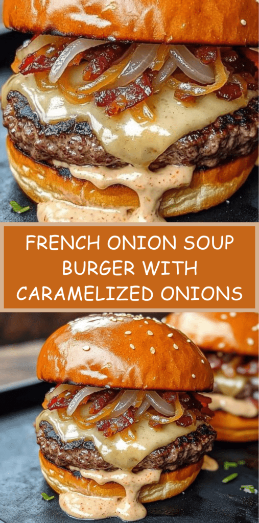 Gourmet French onion soup burger with caramelized onions, melted Gruyère cheese, crispy bacon and toasted brioche bun on wooden board.