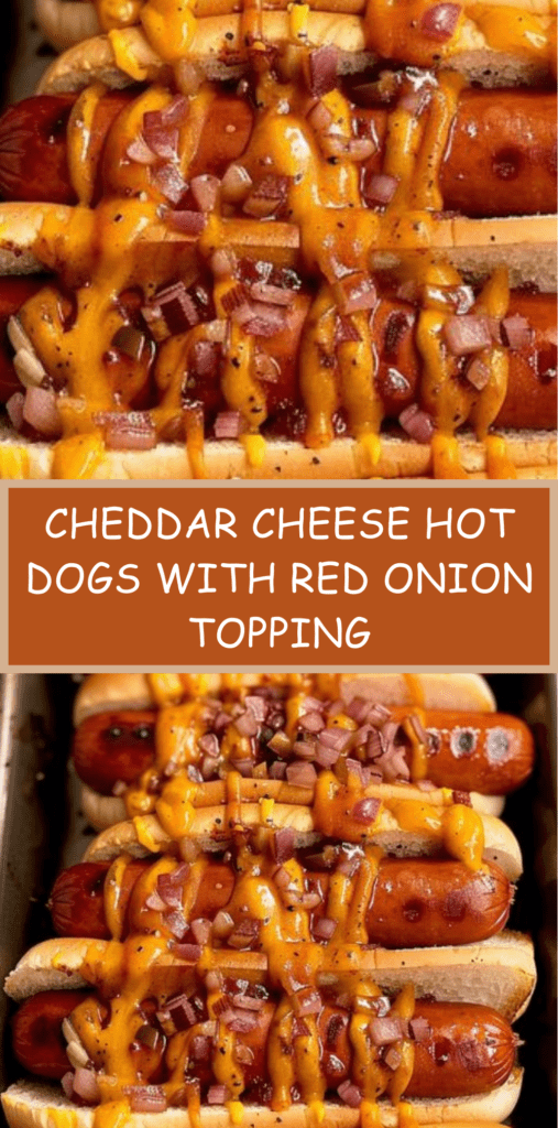 Grilled hot dogs topped with melted cheddar cheese sauce and diced red onions served in toasted brioche buns on a wooden serving board.