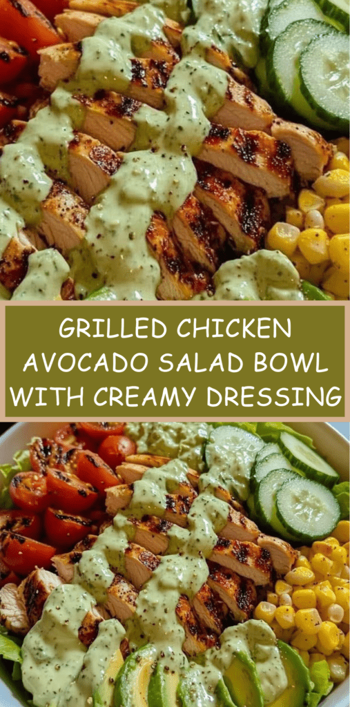 Grilled chicken avocado salad bowl with romaine lettuce, cherry tomatoes, cucumber, corn and creamy avocado dressing served in a ceramic bowl.