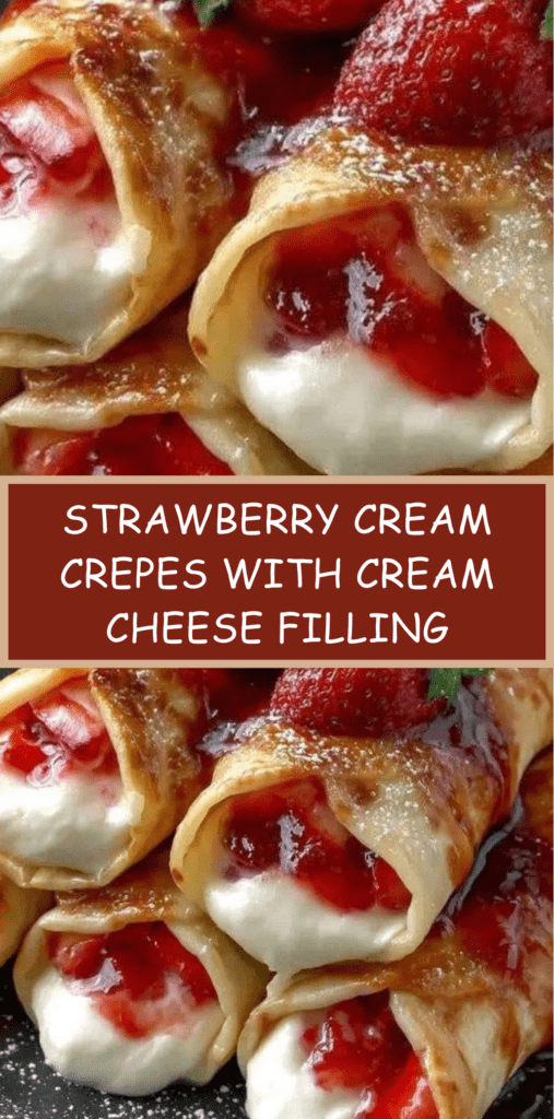 Rolled strawberry cream crepes filled with cream cheese filling, topped with fresh strawberry sauce and powdered sugar on a white dessert plate.