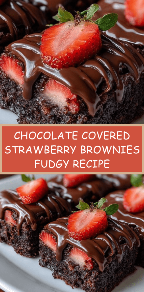 Chocolate covered strawberry brownies topped with fresh sliced strawberries and glossy chocolate ganache on a white dessert plate.