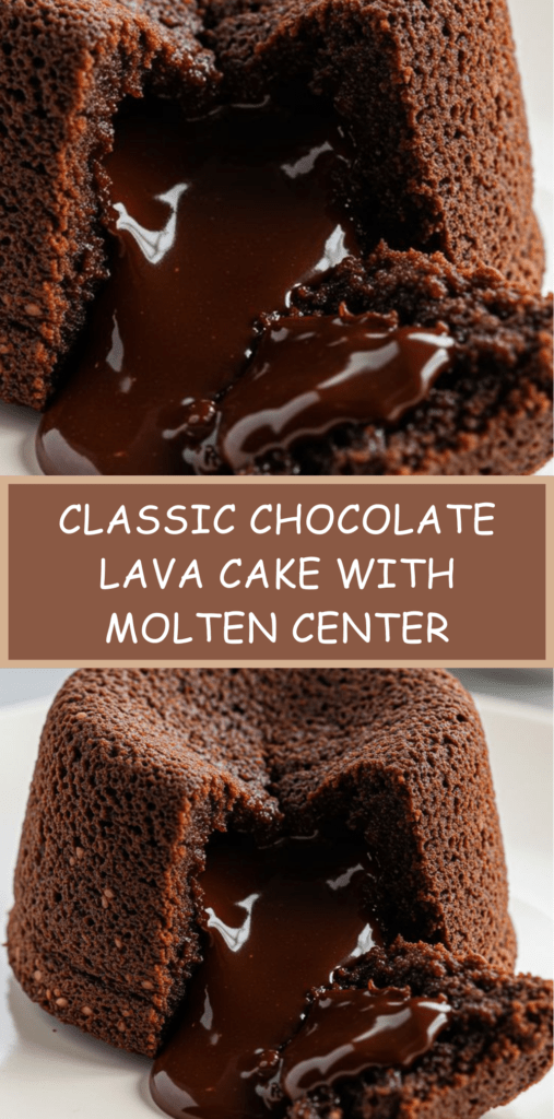 Warm classic chocolate lava cake with molten chocolate center flowing onto plate, dusted with powdered sugar and served with vanilla ice cream.