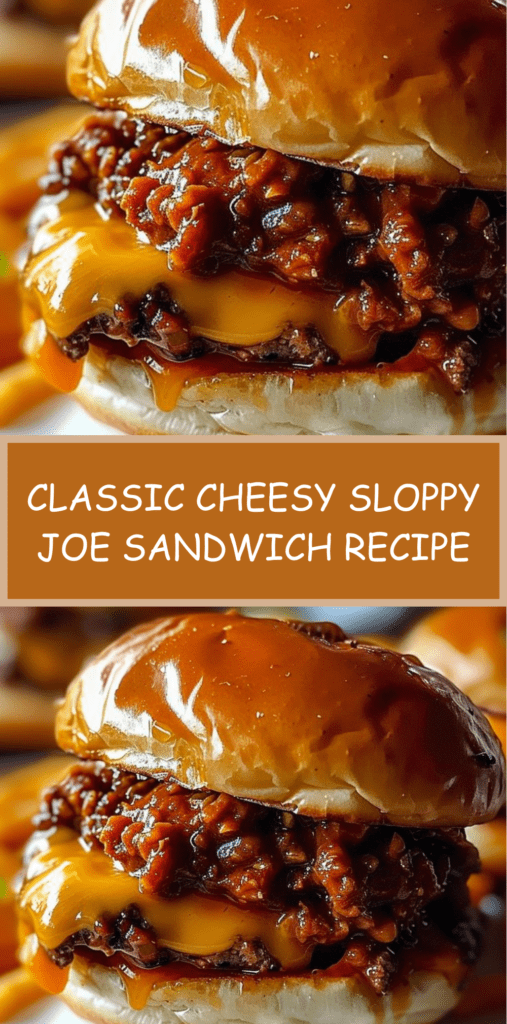 Cheesy sloppy joe sandwich filled with saucy ground beef and melted cheddar cheese on toasted hamburger bun served with french fries.