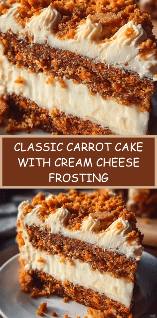 Classic carrot cake layered with cream cheese frosting and coated with chopped nut crumble on sides and top, served on cake stand.