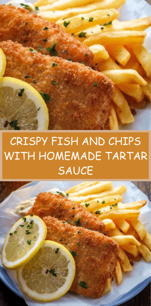 Crispy fish fillets served with golden thick-cut fries and homemade tartar sauce, garnished with lemon wedges on a serving platter.