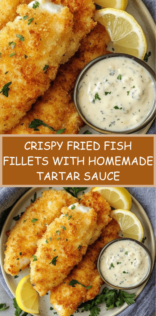 Golden crispy fried fish fillets served with homemade tartar sauce, lemon wedges and fresh parsley on a white serving plate.