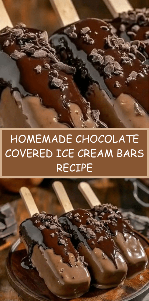 homemade chocolate covered ice cream bars with glossy chocolate shell and chocolate shavings on top placed on parchment paper with wooden sticks visible.