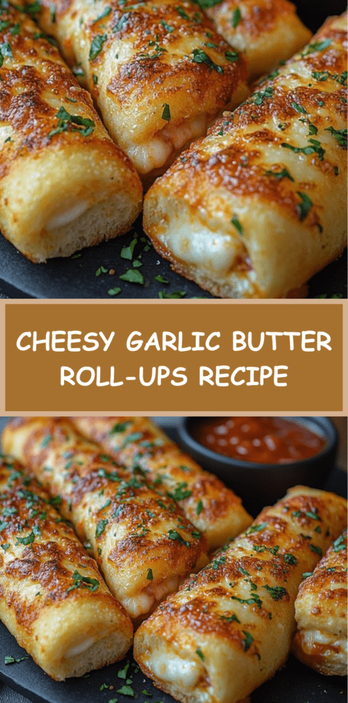 Golden cheesy garlic butter roll-ups made with crescent dough, brushed with garlic butter and topped with parsley, served with marinara sauce.