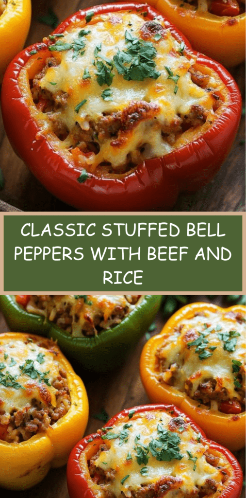 Stuffed bell peppers filled with ground beef and rice mixture topped with melted cheese and parsley garnish in a baking dish.