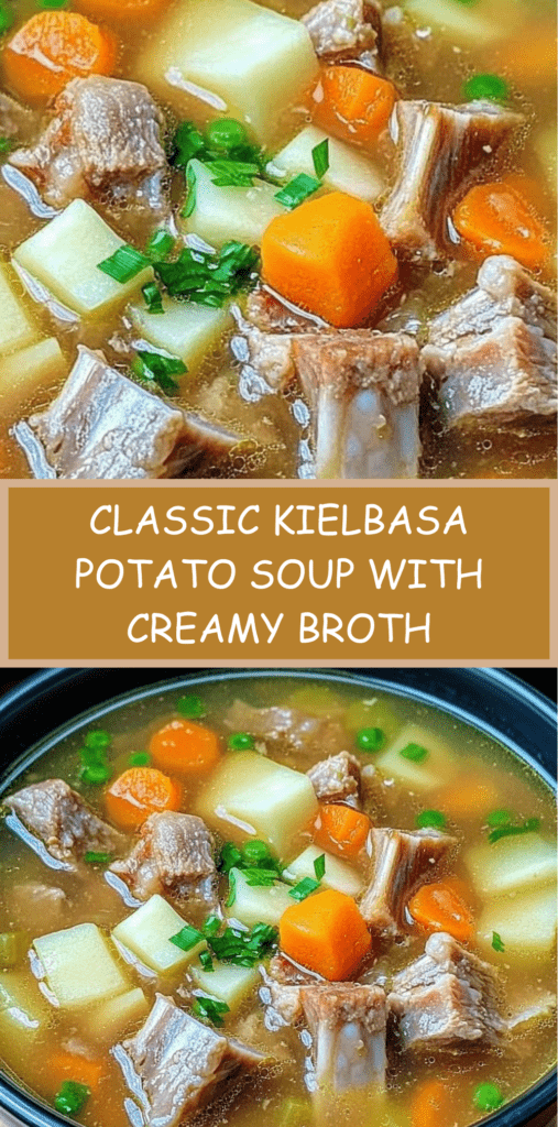 Classic kielbasa potato soup with sliced smoked sausage, tender potato chunks, carrots and parsley garnish served in a rustic soup bowl.