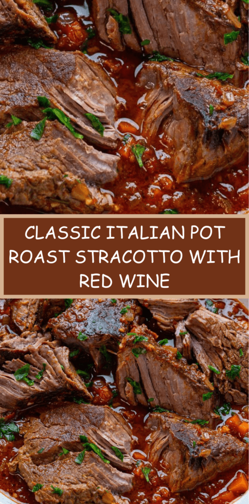 Italian stracotto pot roast braised in tomato and red wine sauce with carrots, celery and herbs served in a rustic Dutch oven.
