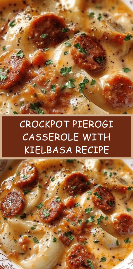 Crockpot pierogi casserole with sliced kielbasa sausage, melted cheddar cheese, creamy mushroom sauce, and fresh parsley garnish in a slow cooker.