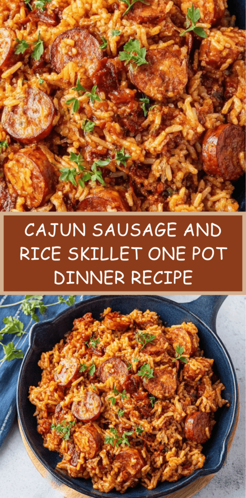 Cajun sausage and rice skillet with smoked sausage slices, fluffy seasoned rice, bell peppers, onions, and fresh herbs served in a black pan.