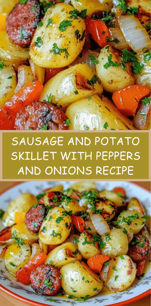 Sausage and potato skillet with golden potatoes, smoked sausage slices, bell peppers, onions, and fresh parsley served in a cast iron pan.