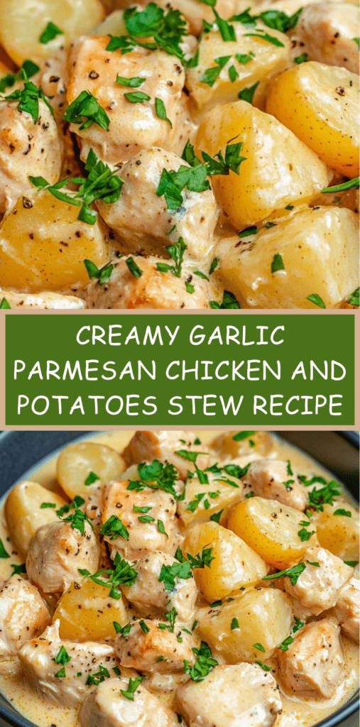 Creamy garlic parmesan chicken and potatoes stew with tender chicken pieces, baby potatoes, rich cream sauce, parmesan cheese, and fresh parsley garnish.