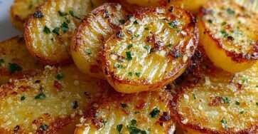 Golden crispy garlic roasted baby potatoes coated with garlic, olive oil and parmesan cheese, served hot on a baking sheet with fresh parsley garnish.