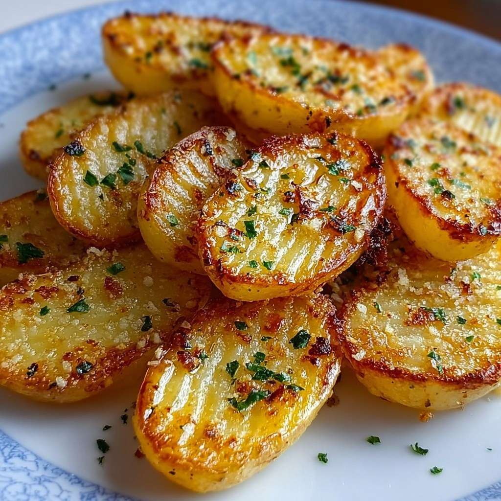 Golden crispy garlic roasted baby potatoes coated with garlic, olive oil and parmesan cheese, served hot on a baking sheet with fresh parsley garnish.