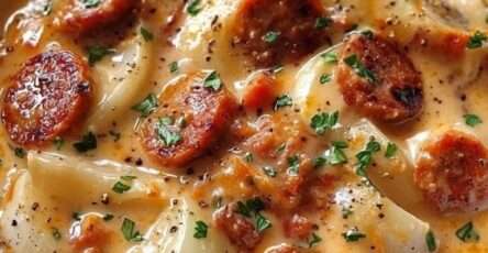 Crockpot pierogi casserole with sliced kielbasa sausage, melted cheddar cheese, creamy mushroom sauce, and fresh parsley garnish in a slow cooker.